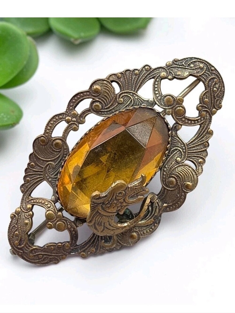 Antique Victorian Art Nouveau Czech Brass Dragon Amber Glass Filigree Brooch